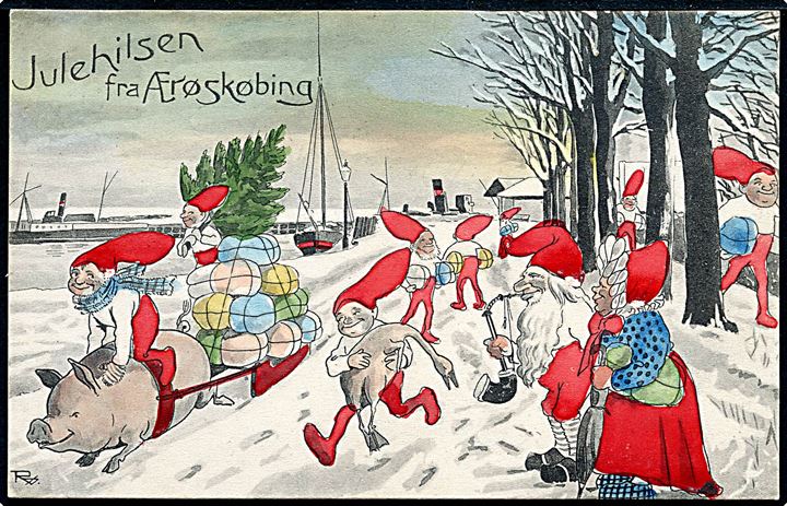 Ærøskøbing, “Nisser i Gadebilledet” på havnen. Tegnet af Carl Røgind. C. Th. Crentz no. 16481. Kvalitet 9