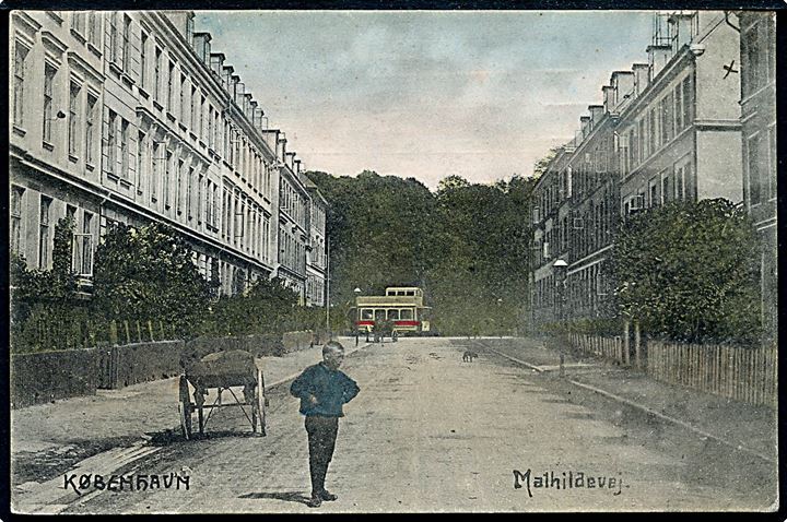 Købh., Mathildevej med sporvogn i baggrunden. Dansk Industri no. 77. Kvalitet 8