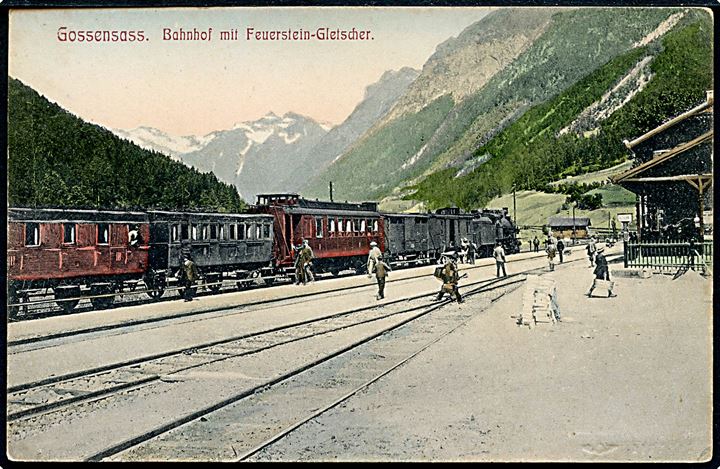 Østrig, Grossensass, banegård med damptog og Feuerstein Gletscher i baggrunden. No. 392. Kvalitet 7