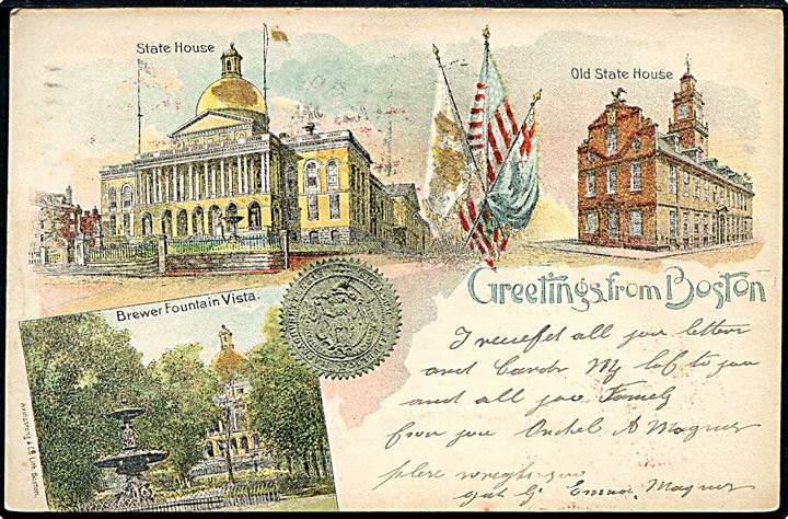 USA, Boston, “Greetings from” med State House, Old State House og Brewer Fountain Vista. Armstrong u/no. Kvalitet 8