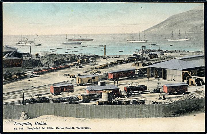 Chile, Tocopilla, Bahia. Udsigt over havn med skibe og jernbanevogne. C. Brandt no. 546. Kvalitet 8