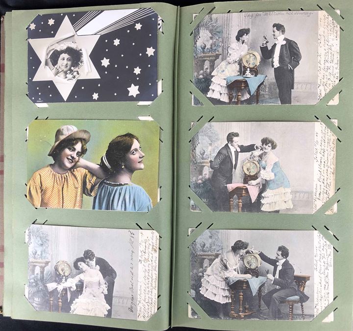 Glamour/Par/Damer. Gammelt postkortalbum med 348 gamle kort, både danske og udenlandske. Kvalitet Mix