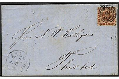1864. 4 sk. stukken kant på brev annulleret med nr.stempel 4 og sidestemplet Aalborg d. 20.3.1864 til Thisted. Ank.stemplet d. 22.3.1864.