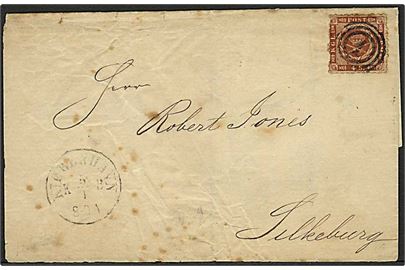 1864. 4 sk. stukken kant på brev annulleret med nr.stempel 1 og sidestemplet Kiøbenhavn d. 5.1.1864 til Silkeborg.