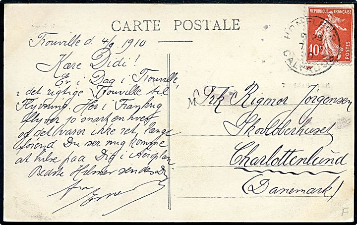 Marcel Hanriot. Den kun 16 årige franske Pionerflyver. Påsat mærkat fra flyvestævner i 1910. Sendt fra dansker som overværer flyvning i Trouville d. 4.9.1910. 