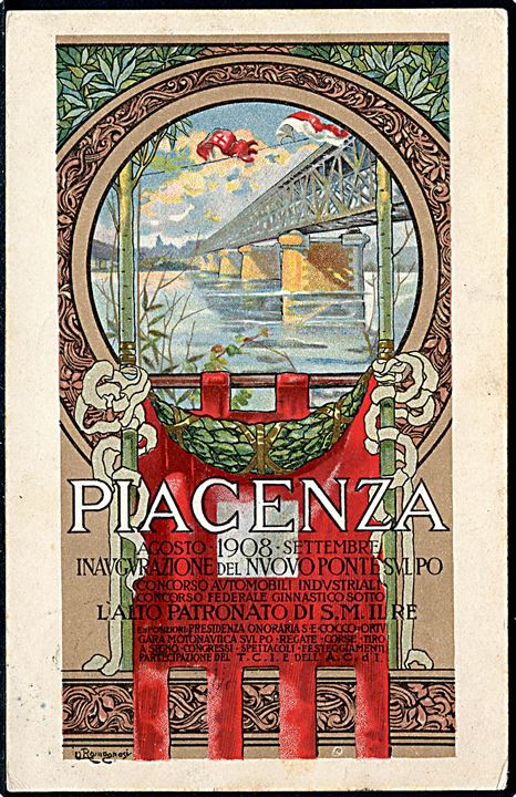 Italien. Piacenza, åbning af jernbanebro over Po-floden 1908. Sendt fra Italien til Danmark - først fejlsendt til Frederiksværn i Norge, herefter forsøgt i Frederiksværk og siden i Frederikshavn.