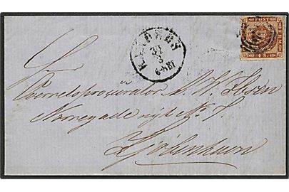 1864. 4 sk. stukken kant på brev annulleret med nr.stempel 53 og sidestemplet Randers d. 30.3.1864 til Kjøbenhavn.