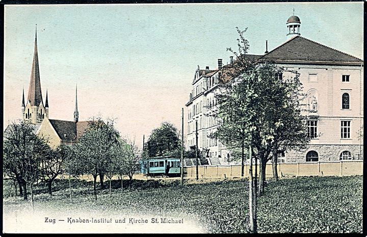 Schweiz, Zug, Knaben-Institut og St. Michael kirke med sporvogn.