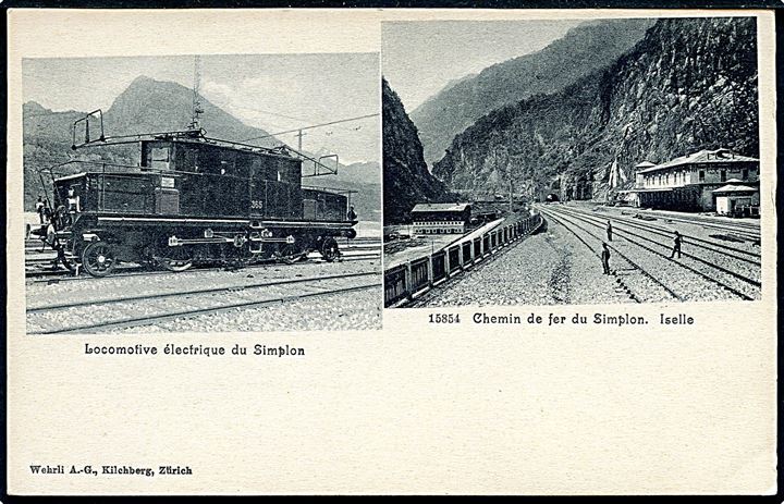 Schweiz, elektrisk lokomotiv og stationen i Simplon. 