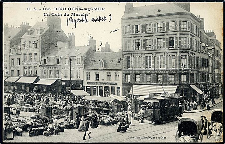 Frankrig, Boulogne sur Mer, Un Coin du Marche med sporvogn. No. 165.