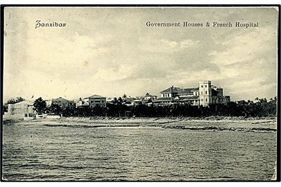Zanzibar, Goverment Houses & French Hospital. Frankeret med 6d fra Zanzibar d., 28.9.19xx til Tyskland.