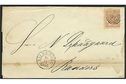 1864. 4 sk. Krone/Scepter på brev annulleret med nr.stempel 91 og sidestemplet Silkeborg d. 16.11.1864 via J.Jernb.P.SP.B. d. 17.11.1864 til Randers. 