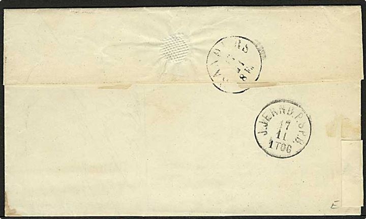 1864. 4 sk. Krone/Scepter på brev annulleret med nr.stempel 91 og sidestemplet Silkeborg d. 16.11.1864 via J.Jernb.P.SP.B. d. 17.11.1864 til Randers. 