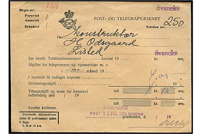 Telefonregning - formular T.70 (9-51 B6) - med liniestempel Svaneke og kontorstempel Svaneke Postkontor d. 13.7.1954.