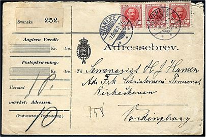 10 øre Fr. VIII i vandret 3-stribe på adressebrev for pakke annulleret med brotype Ia Svaneke d. 7.5.1908 til Vordingborg. Lidt nusset.