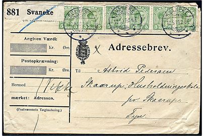 5 øre Chr. X (6) på adressebrev for pakke fra Svaneke d. 12.5.1919 til Skaarup Husholdningsskole pr. Skaarup Fyn. Lidt nusset.