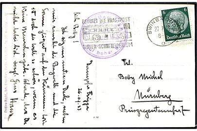 Tysk 6 pfg. Hindenburg på brevkort (Løvehovederne, Bornholm) annulleret Swinemünde d. 27.7.1933 og sidestemplet Salondampfer Frigga Auf hoher See d. 26.7.1933 til Nürnberg, Tyskland.