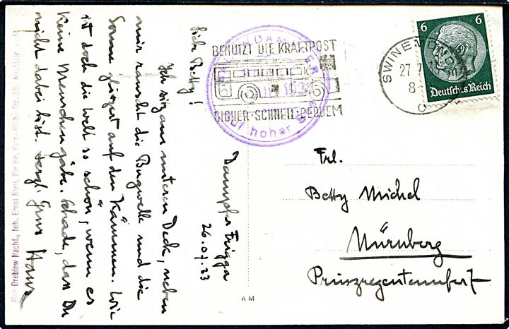 Tysk 6 pfg. Hindenburg på brevkort (Løvehovederne, Bornholm) annulleret Swinemünde d. 27.7.1933 og sidestemplet Salondampfer Frigga Auf hoher See d. 26.7.1933 til Nürnberg, Tyskland.