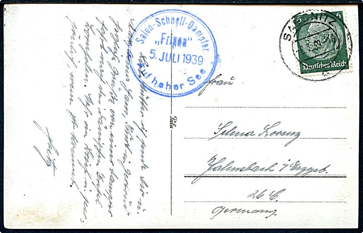 Tysk 6 pfg. Hindenburg på brevkort (Hammerhavnen Bornholm) annulleret Sassnitz d. 6.7.1939 og sidestemplet Salondampfer Frigga Auf hoher See d. 5.7.1939 til, Tyskland.