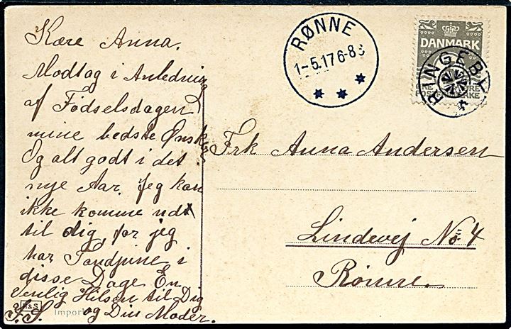 3 øre Bølgelinie på lokalt brevkort annulleret med stjernestempel RINGEBY og sidestemplet Rønne d. 1.5.1917 til Rønne.