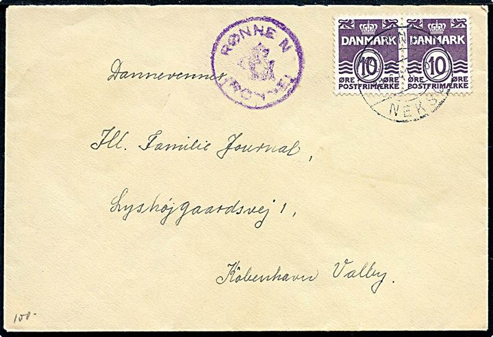 10 øre Bølgelinie i parstykke på brev annulleret med bureaustempel Rønne - Neksø T.6 d. 11.6.1941 og sidestemplet med uldent posthornstempel RØNNE N. (RØNNE) til København.