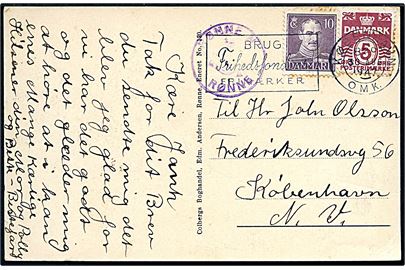 5 øre Bølgelinie og 10 øre Chr. X på brevkort (St. Torvegade, Rønne) annulleret med maskinstempel i København d. 30.8.1947 og sidestemplet posthornstempel RØNNE N / RØNNE til København.