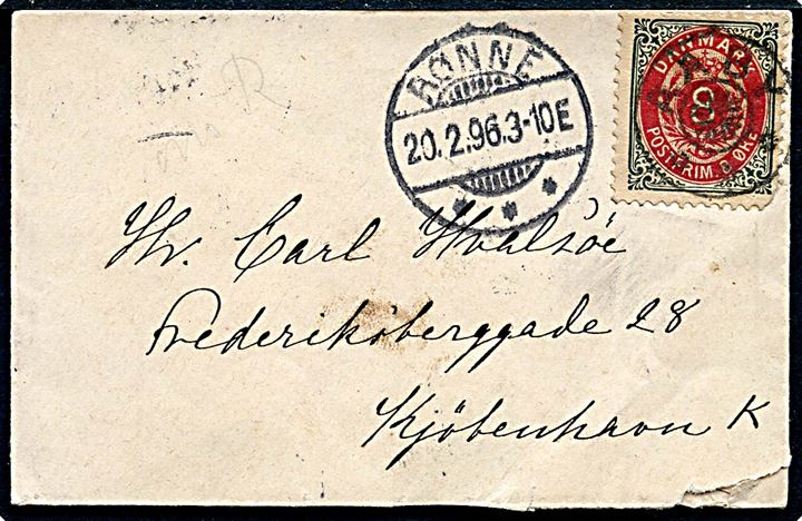 8 øre Tofarvet omv. rm. (mgl. hj.tak) på lille brev annulleret med stjernestempel AABY og sidestemplet Rønne d. 20.2.1896 til Kjøbenhavn.