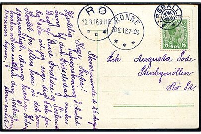 5 øre Chr. X på brevkort annulleret med stjernestempel AARSBALLE og sidestemplet Rønne d. 26.8.1916 til Stenbymøllen pr. Rø st. Ank.stemplet med brotype IIIb Rø d. 26.8.1916.