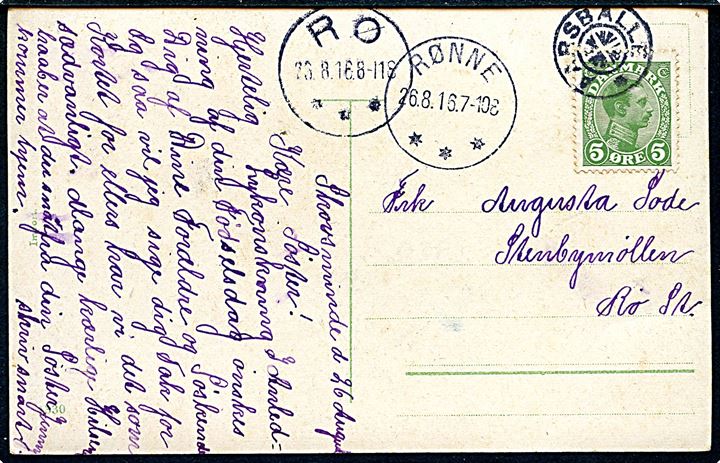 5 øre Chr. X på brevkort annulleret med stjernestempel AARSBALLE og sidestemplet Rønne d. 26.8.1916 til Stenbymøllen pr. Rø st. Ank.stemplet med brotype IIIb Rø d. 26.8.1916.
