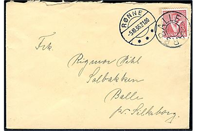 15 øre Tavsen på brev annulleret med udsleben stjernestempel AARSBALLE og sidestemplet Rønne d. 5.10.1936 til Balle pr. Silkeborg.