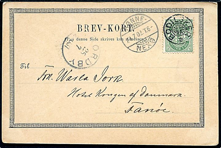 5 øre Våben på brevkort (Storegade, Nexø) annulleret med stjernestempel BODILSKER og sidestemplet bureau Rønne - Nexø T.6 d. 24.7.1902 til Hotel Kongen af Danmark, Fanø. Ank.stemplet lapidar Nordby d. 25.7.1902.