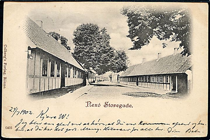 5 øre Våben på brevkort (Storegade, Nexø) annulleret med stjernestempel BODILSKER og sidestemplet bureau Rønne - Nexø T.6 d. 24.7.1902 til Hotel Kongen af Danmark, Fanø. Ank.stemplet lapidar Nordby d. 25.7.1902.