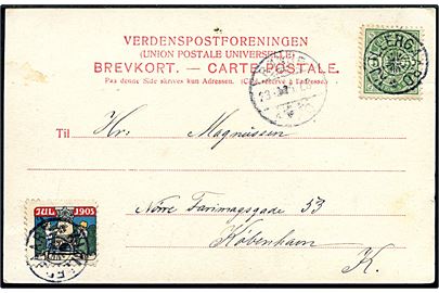 5 øre Våben og Julemærke 1905 på brevkort annulleret med stjernestempel KJØLLERGAARD og sidestemplet med svagt bureaustempel Rønne - Nexø T.8 d. 23.12.1905 til Kjøbenhavn.