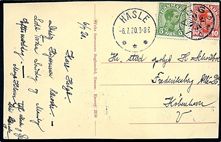 5 øre og 10 øre (defekt) Chr. X på brevkort (Hotel Finnedalen) annulleret med stjernestempel VANG og sidestemplet brotype IIIb Hasle d. 6.7.1920 til København.