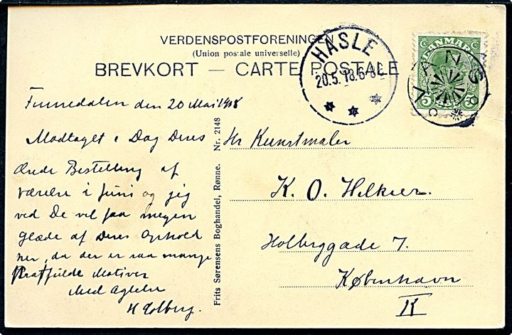 5 øre Chr. X (defekt) på brevkort (Hotel Finnedalen) annulleret med stjernestempel VANG og sidestemplet brotype IIb Hasle d. 20.5.1918 til København.