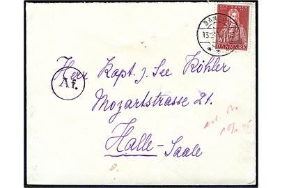 20 øre Rømer på brev fra Sandvig d. 13.12.1944 til Halle, Tyskland. Passér stemplet Af ved den tyske censur i Hamburg.