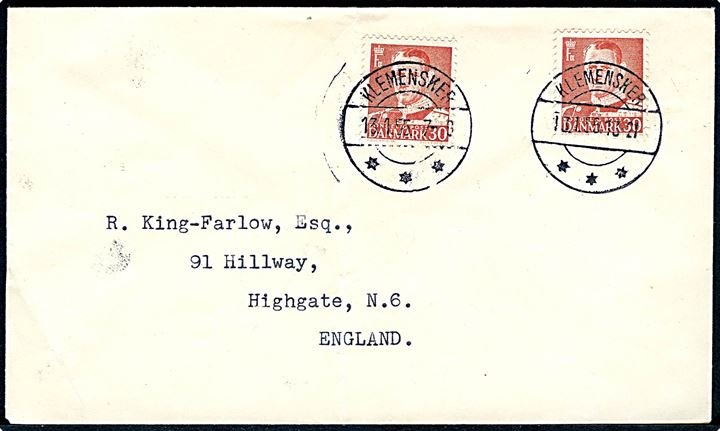 30 øre Fr. IX (2) på brev annulleret med brotype IIc Klemensker d. 13.1.1955 til Highgate, England.