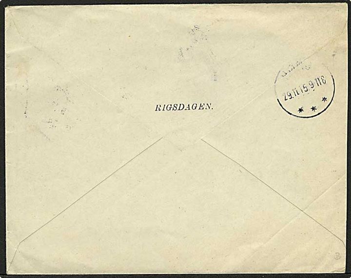 5 øre Chr. X i parstykke på fortrykt kuvert fra RIGSDAGEN stemplet Rude d. 29.11.1915 til Høng.