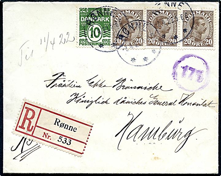 10 øre Bølgelinie og 20 øre Chr. X (3-stribe) på 70 øre frankeret anbefalet brev fra Rønne d. 7.4.1922 til det danske generalkonsulat i Hamburg, Tyskland.