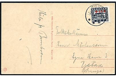 20+10 øre Røde Kors provisorium på brevkort fra Rønne d. 7.7.1921 til Ystad, Sverige. God frankatur.