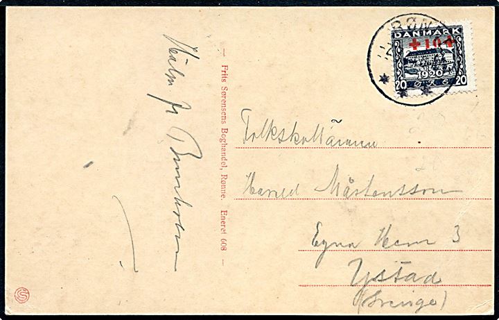20+10 øre Røde Kors provisorium på brevkort fra Rønne d. 7.7.1921 til Ystad, Sverige. God frankatur.