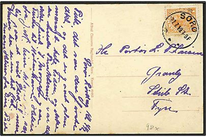 7 øre Chr. X med variant Midterstreg i E sammenhængende med fodstreg på brevkort fra Sorø d. 21.7.1919 til Strib.