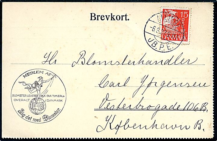 15 øre Karavel (defekt) på brevkort annulleret med brotype IIb Allinge JB.P.E. d. 6.3.1927 til København.