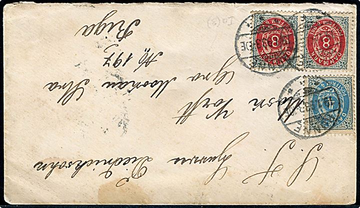 4 øre og 8 øre (par) Tofarvet på brev fra Rønne d. 19.1.1893 via Kjøbenhavn til Riga, Letland, Rusland.