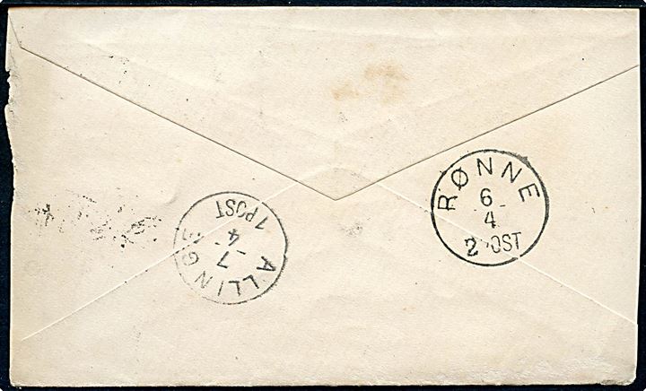8 øre Tofarvet på brev annulleret med lapidar Nexø d. 6.4. ca. 1891 via Rønne til Allinge. 
