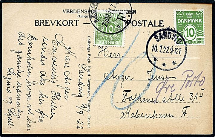 10 øre Bølgelinie på underfrankeret brevkort fra Sandvig d. 10.7.1922 til København. Udtakseret i porto med 10 øre Portomærke stemplet Kjøbenhavn d. 11.7.1922.