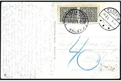 Ufrankeret brevkort fra Sandvig d. 24.8.1953 til København Valby. Udtakseret i porto med 20 øre Portomærke i parstykke stemplet København Valby d. 25.8.1953