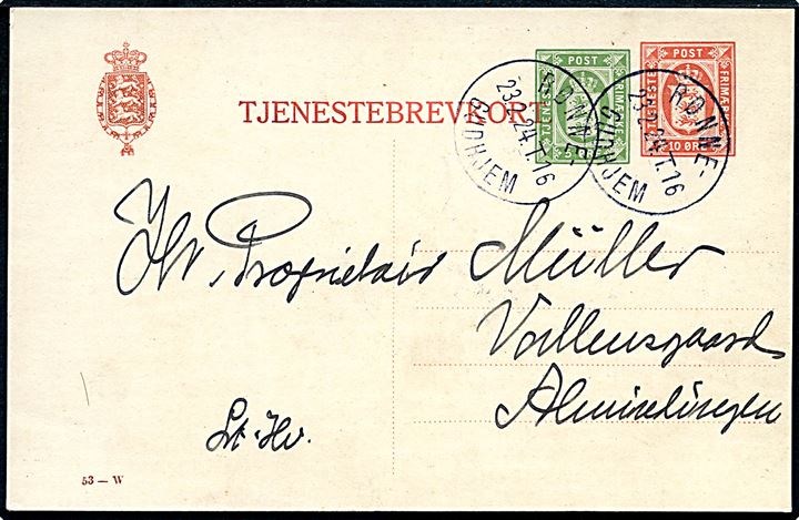 10+5 øre provisorisk tjenestebrevkort (fabr. 53-W) fra Bornholm Skovdistrikt annulleret med tydeligt bureaustempel Rønne - Gudhjem T.16 d. 23.2.1924 til Almindingen.