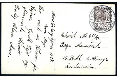 10 øre Regentjubilæum på brevkort (luftfoto af Marselisborglejren) annulleret med særstempel Aarhus F.D.F.s Landslejr Marselisborg d. 22.7.1937 til soldat i Fredericia.