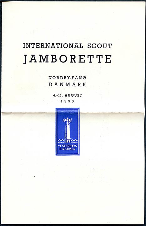 6 øre Bølgelinie på illustreret spejderkuvert International Scout Jamborette / Vesterhavs Divisionen annulleret med særstempel Nordby Fanø * Int. Scout Jamborette * d. 4.8.1950 til aarhus. Indeholder lille illustreret brochure.